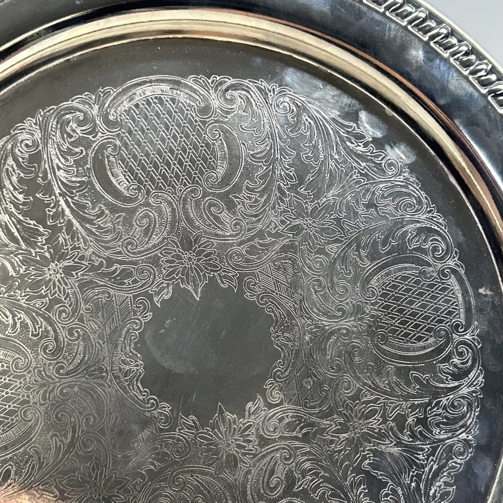 Vintage Leonard‎ Silver Plate Round Etched Floral Serving Tray Gadroon Rim